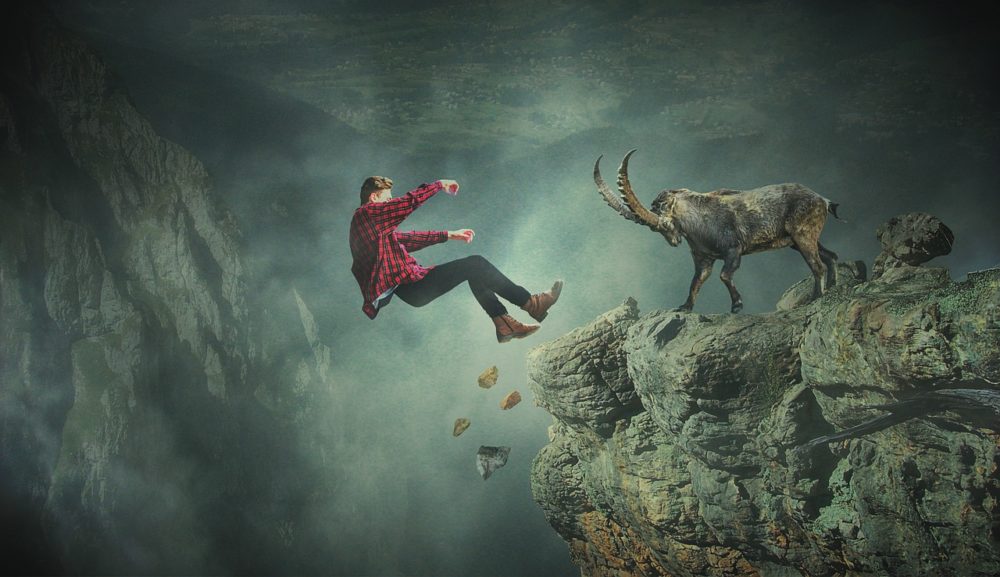 鹿に崖から落とされる男性
